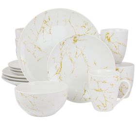 Elama Fine Marble 16 Piece Stoneware Dinnerware Set in Gold and White